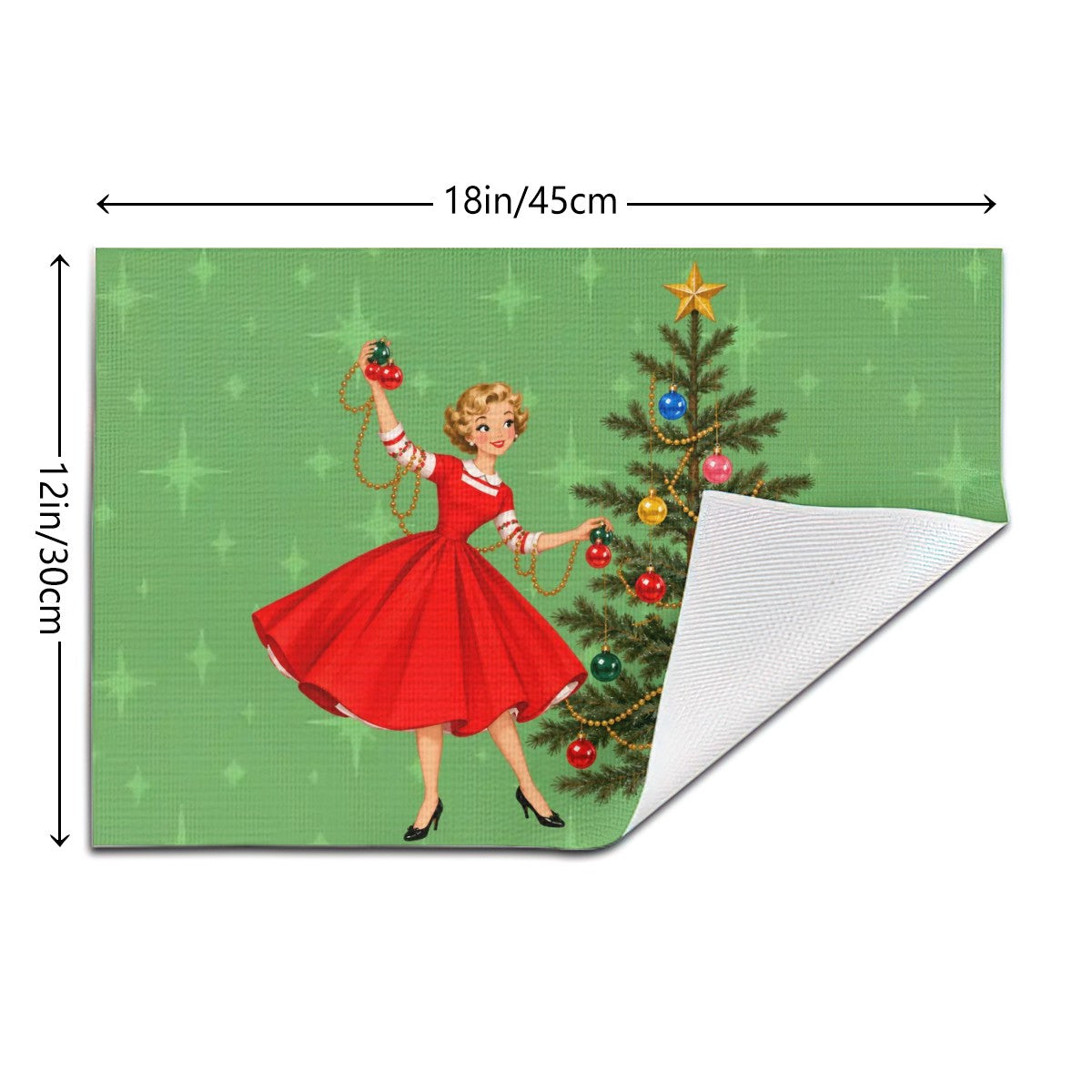 Mid Century Modern Gal Decorating Christmas Tree, Green Atomic Starbursts Placemat 1pc - Mid Century Modern Gal