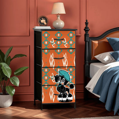 Atomic Orange Starburst Diamonds, Teal Mid Century Modern Kitschy Mod Poodle 4-Drawer Dresser - Mid Century Modern Gal