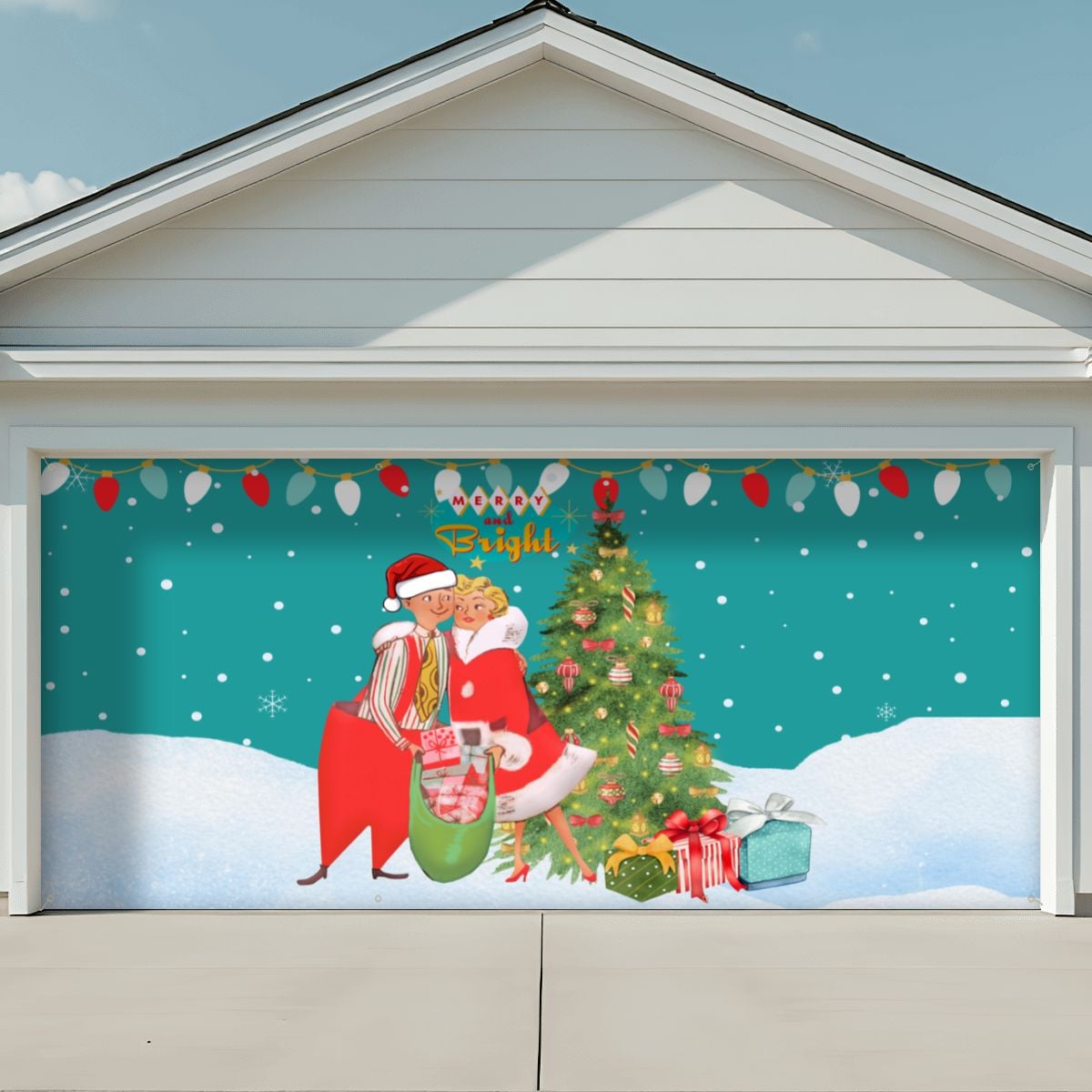 Mid Century Modern Merry and Bright Christmas Tree Garage Door Banner Backdrop - Mid Century Modern Gal