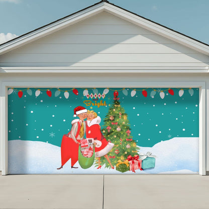 Mid Century Modern Merry and Bright Christmas Tree Garage Door Banner Backdrop - Mid Century Modern Gal