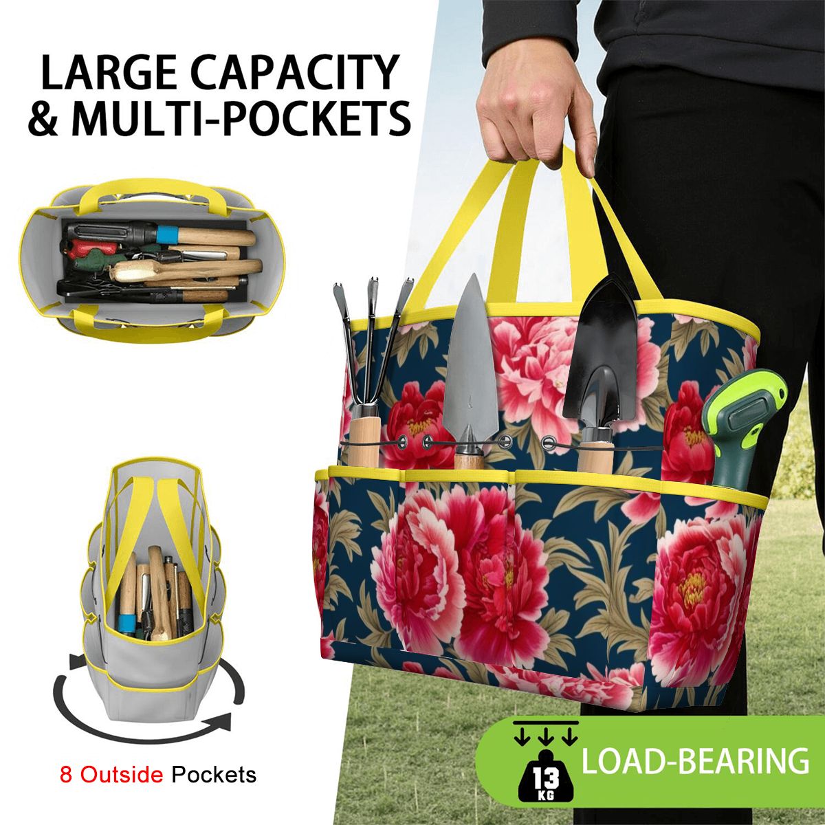 Modern Chinoiserie Royal Blue, Pink Red Floral Garden Tool Bag