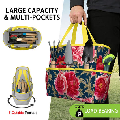 Modern Chinoiserie Royal Blue, Pink Red Floral Garden Tool Bag