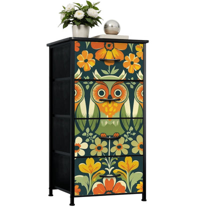Retro Owl Flower Power Groovy 70s Floral Green, Orange Fall 4-Drawer Dresser - Mid Century Modern Gal