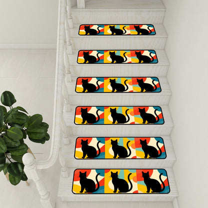 Pop Art Black Atomic Cats, Red Blue Yellow, Non Slip Carpet for Stairs Treads - Mid Century Modern Gal