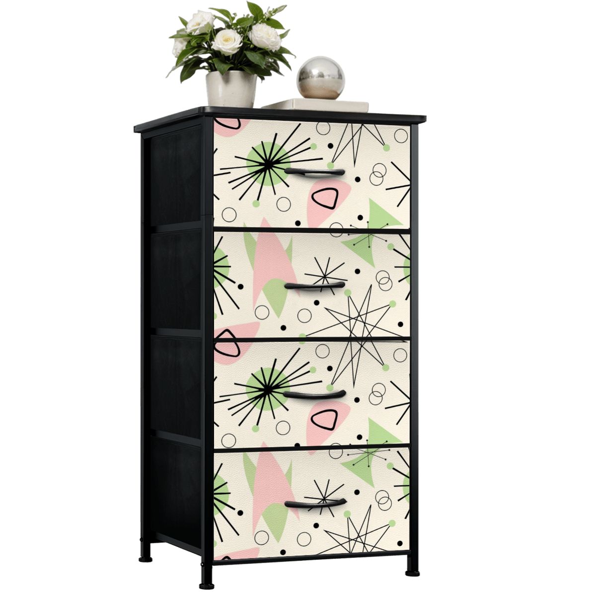 Mid Century Modern Atomic Starburst Vanilla White Pink Green 4-Drawer Dresser - Mid Century Modern Gal