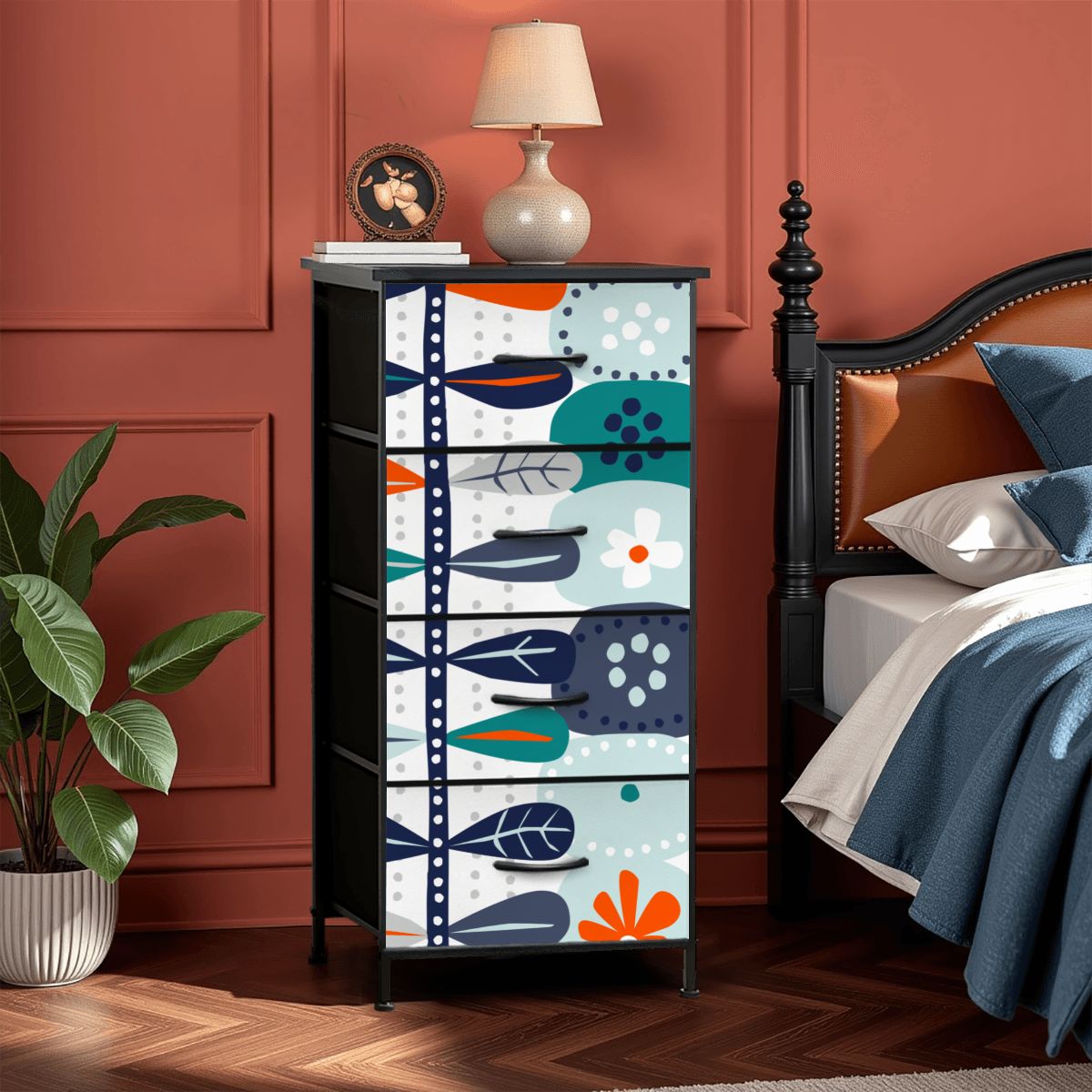 Scandinavian Blue Orange White Teal Modern Danish Floral 4-Drawer Dresser - Mid Century Modern Gal