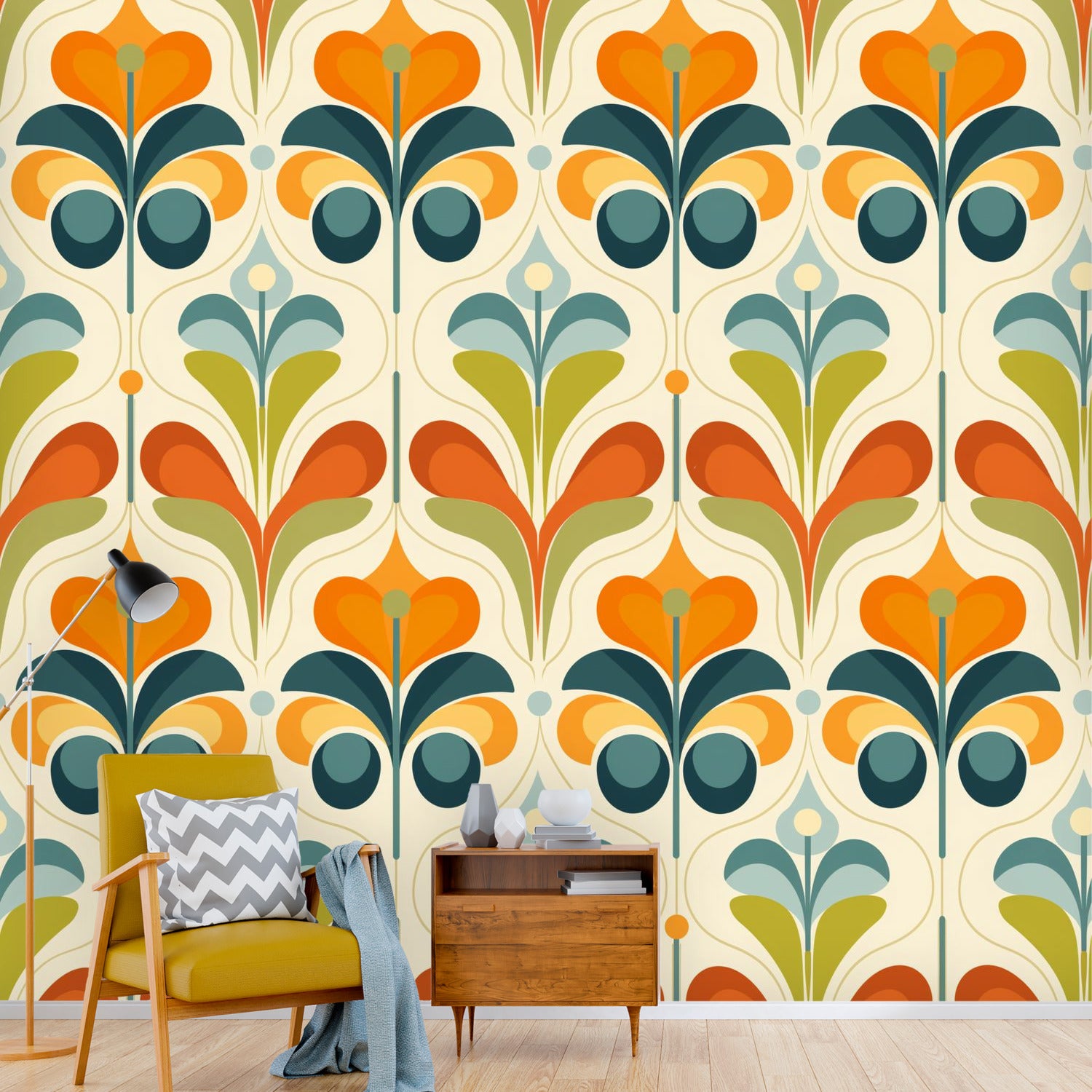 Scandinavian Floral Orange Blue, Green, Mid Mod Peel And Stick Wall Murals - Mid Century Modern Gal