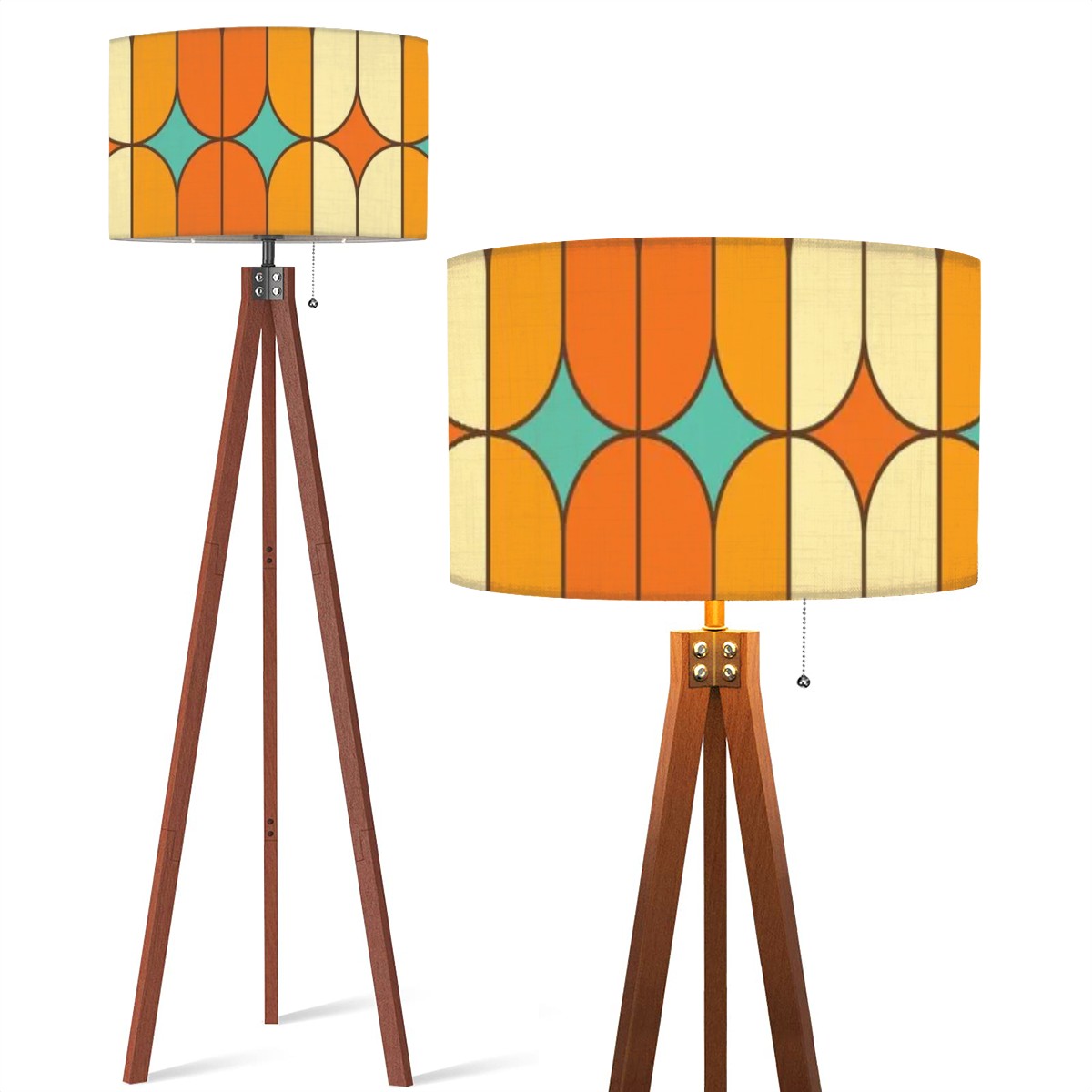 Mid Century Modern Tripod Floor Lamp, Orange, Teal Geometric Mod Designed - Mid Century Modern Gal