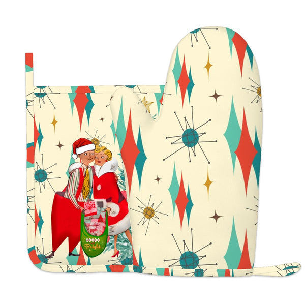 Retro Vintage Christmas Holiday Kitsch Atomic Starburst Oven Mitts and Pot Holders Sets (Right Hand)