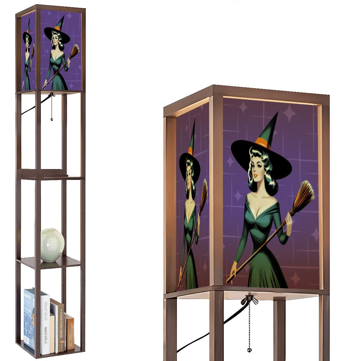 Mid Century Modern Vintage Pin Up Witch Purple Teal Halloween Lampshade for Floor Lamp with Shelves - Lampshade Only - Mid Century Modern Gal