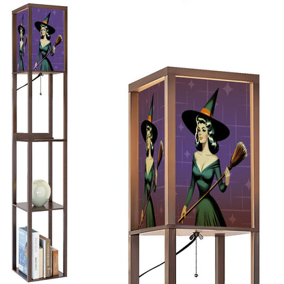 Mid Century Modern Vintage Pin Up Witch Purple Teal Halloween Lampshade for Floor Lamp with Shelves - Lampshade Only - Mid Century Modern Gal