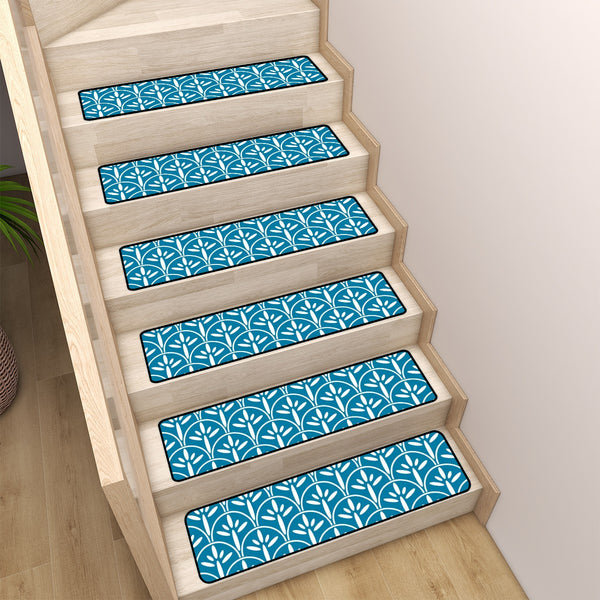 Art Deco Stair Tread Carpets | Blue And White Mid Century Modern Style Non Slip Carpet for Stairs Treads
