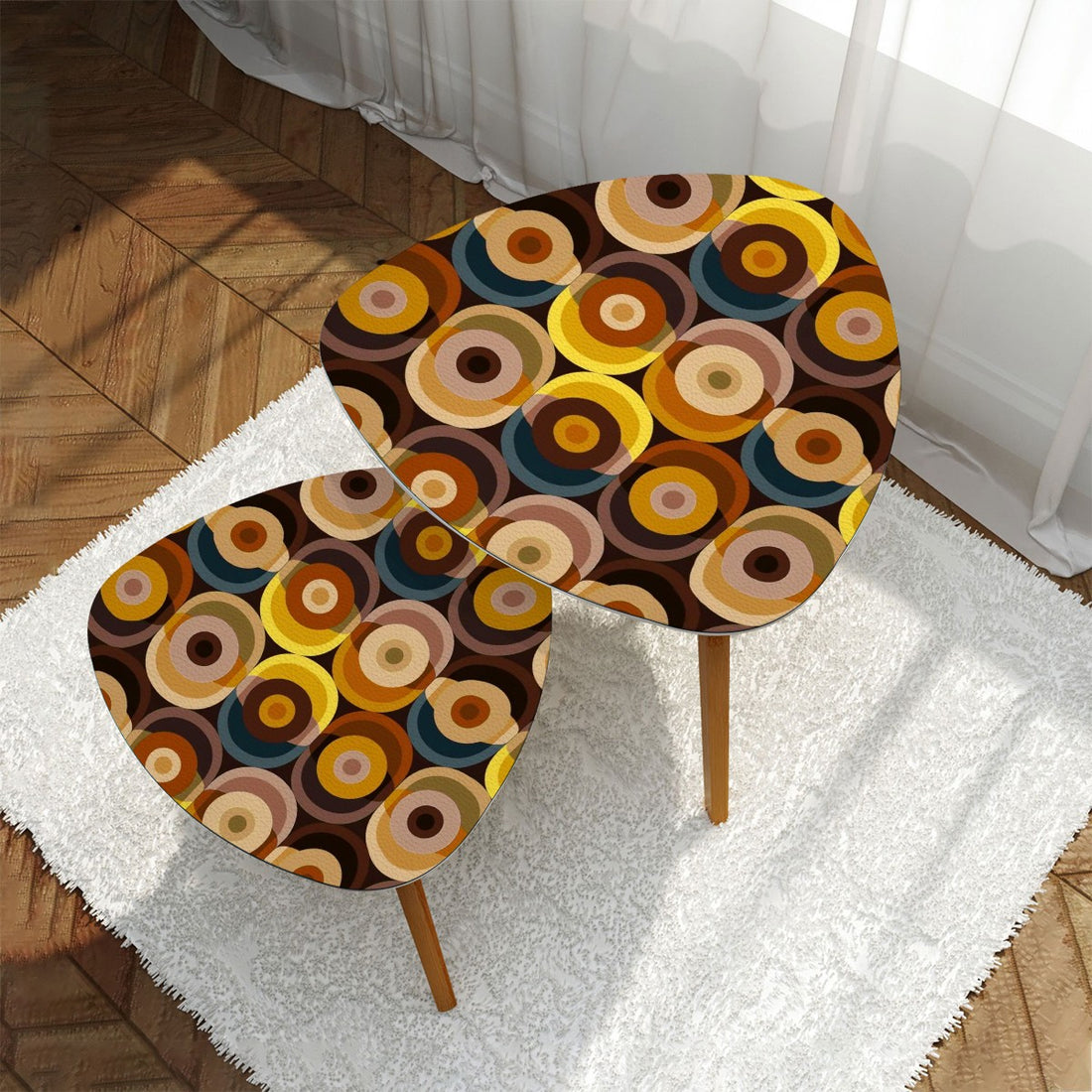 Mid Century Modern Nesting Tables Furniture, Groovy 70s Orbs, Brown, Yellow, Tan, Blue Mid Mod Furniture - Mid Century Modern Gal