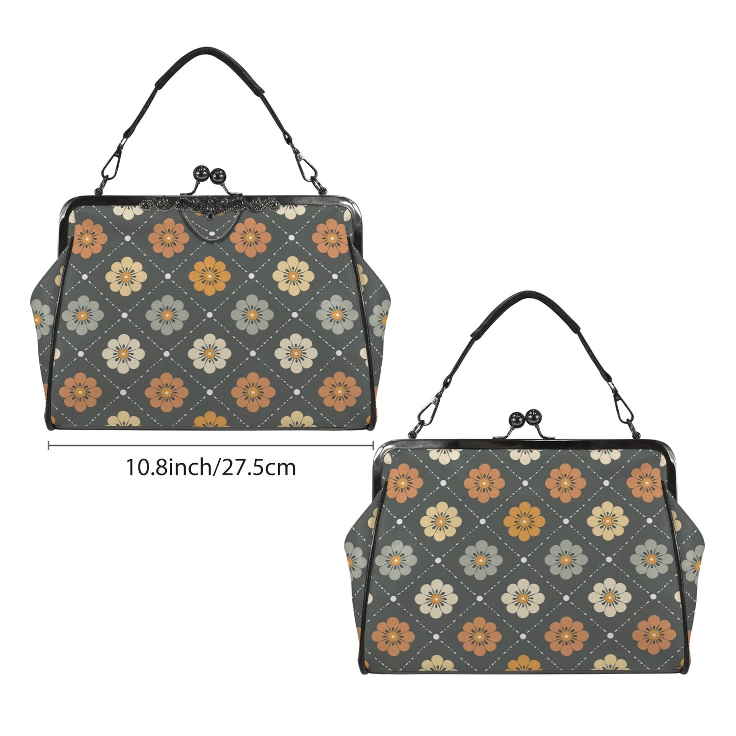 Scandinavian Floral, Mustard Yellow, Gray Mid Century Modern Kisslock Crossbody Purse - Mid Century Modern Gal