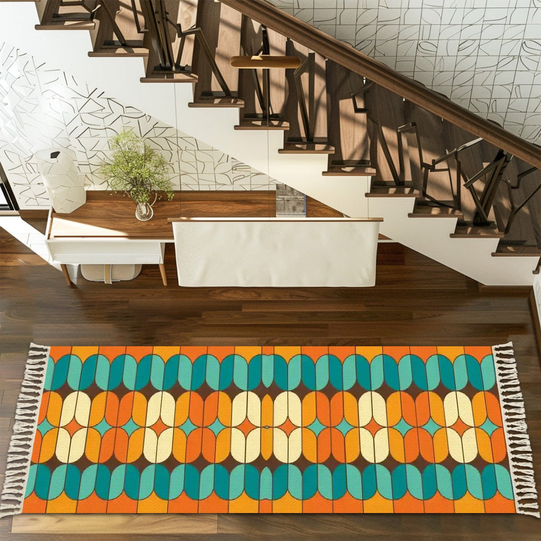 Mid Century Modern Orange Teal, Geometric Mod Rug Runner