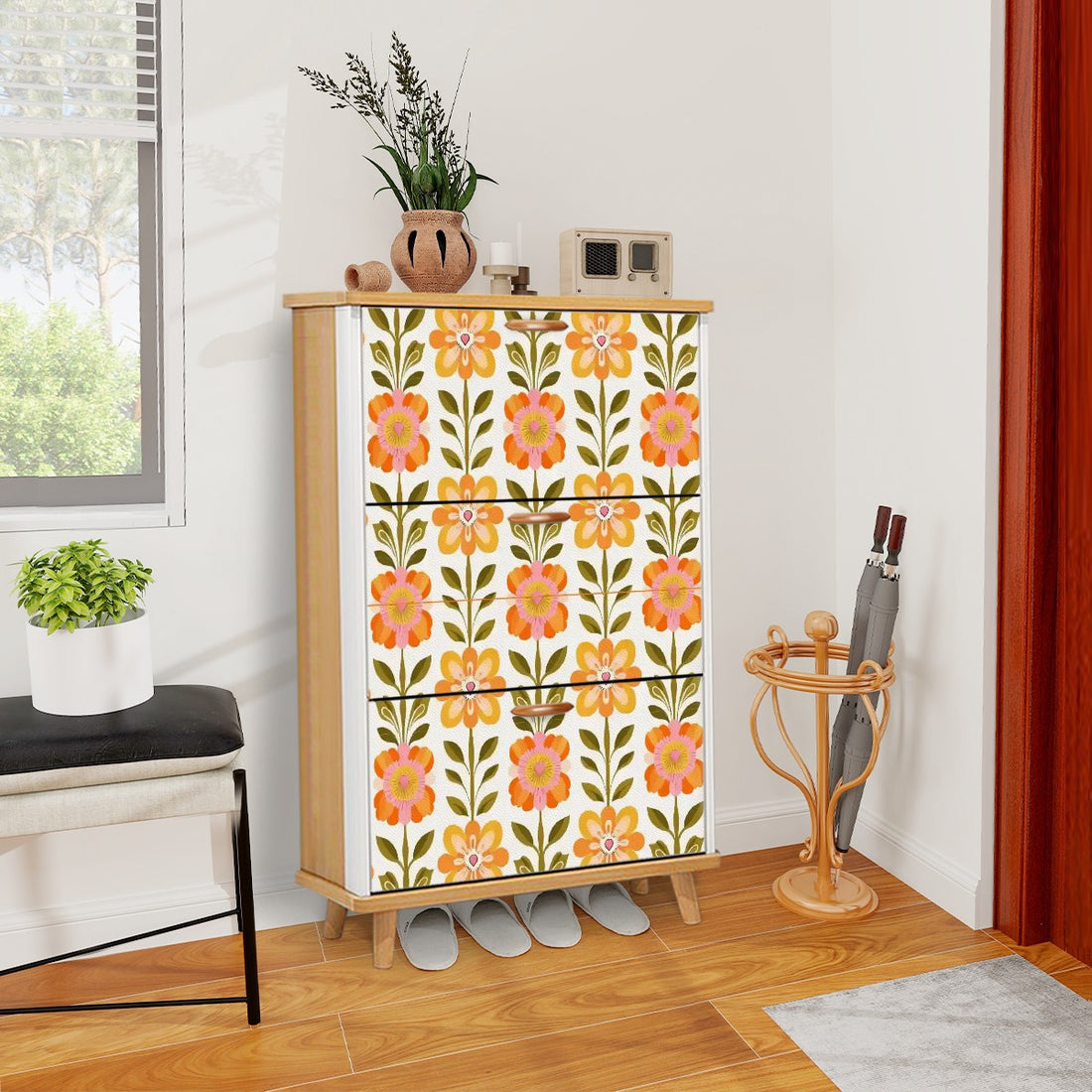 Scandinavian Modern Floral Mid Century Modern Shoe Storage Cabinet