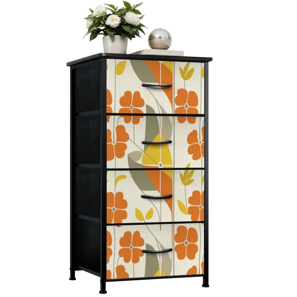 Mid Century Modern Scandinavian Modern Danish Flower, Orange, Yellow, Gray Mod 4-Drawer Dresser - Mid Century Modern Gal