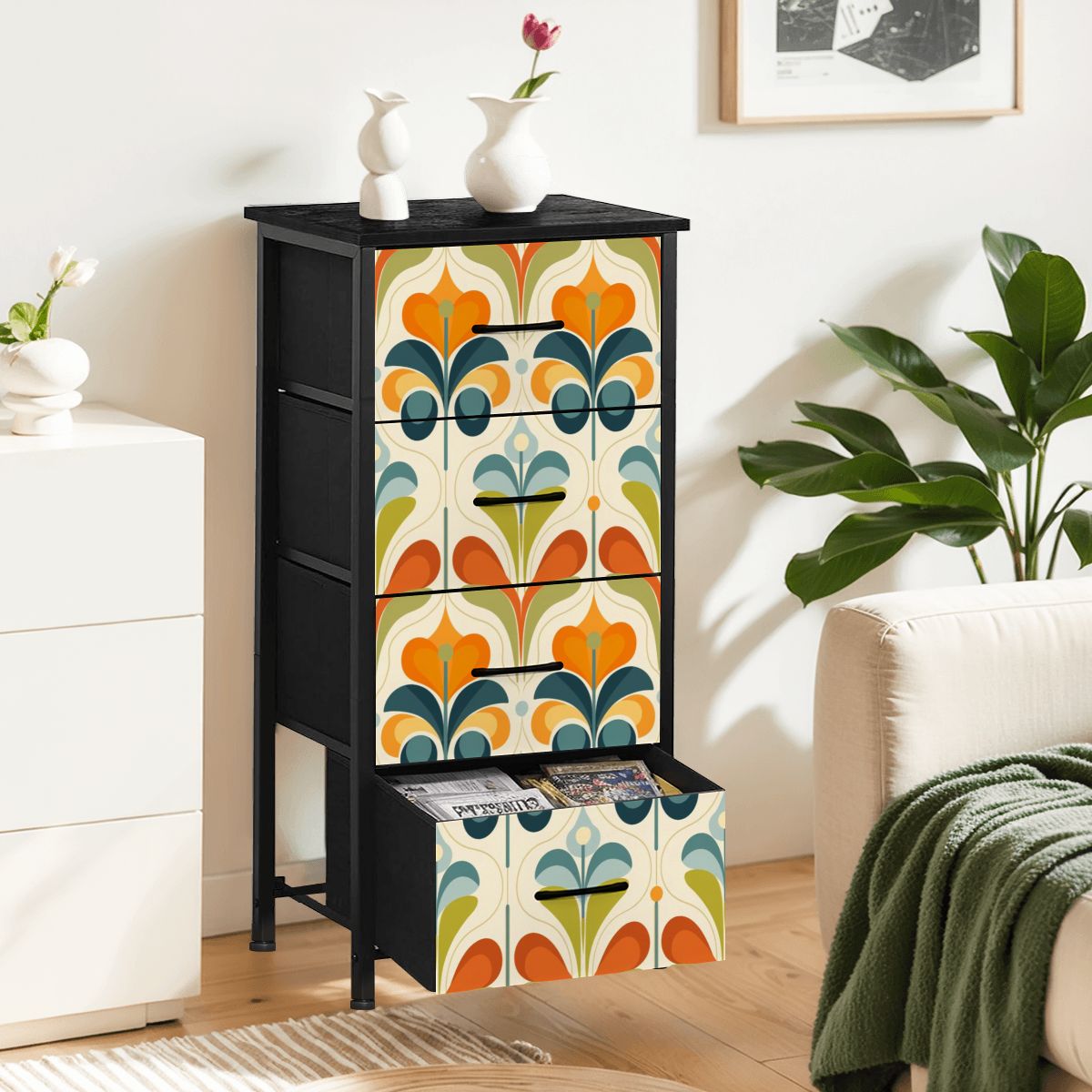 Mid Century Modern Groovy Retro Floral, Orange Green, Blue 4-Drawer Dresser - Mid Century Modern Gal