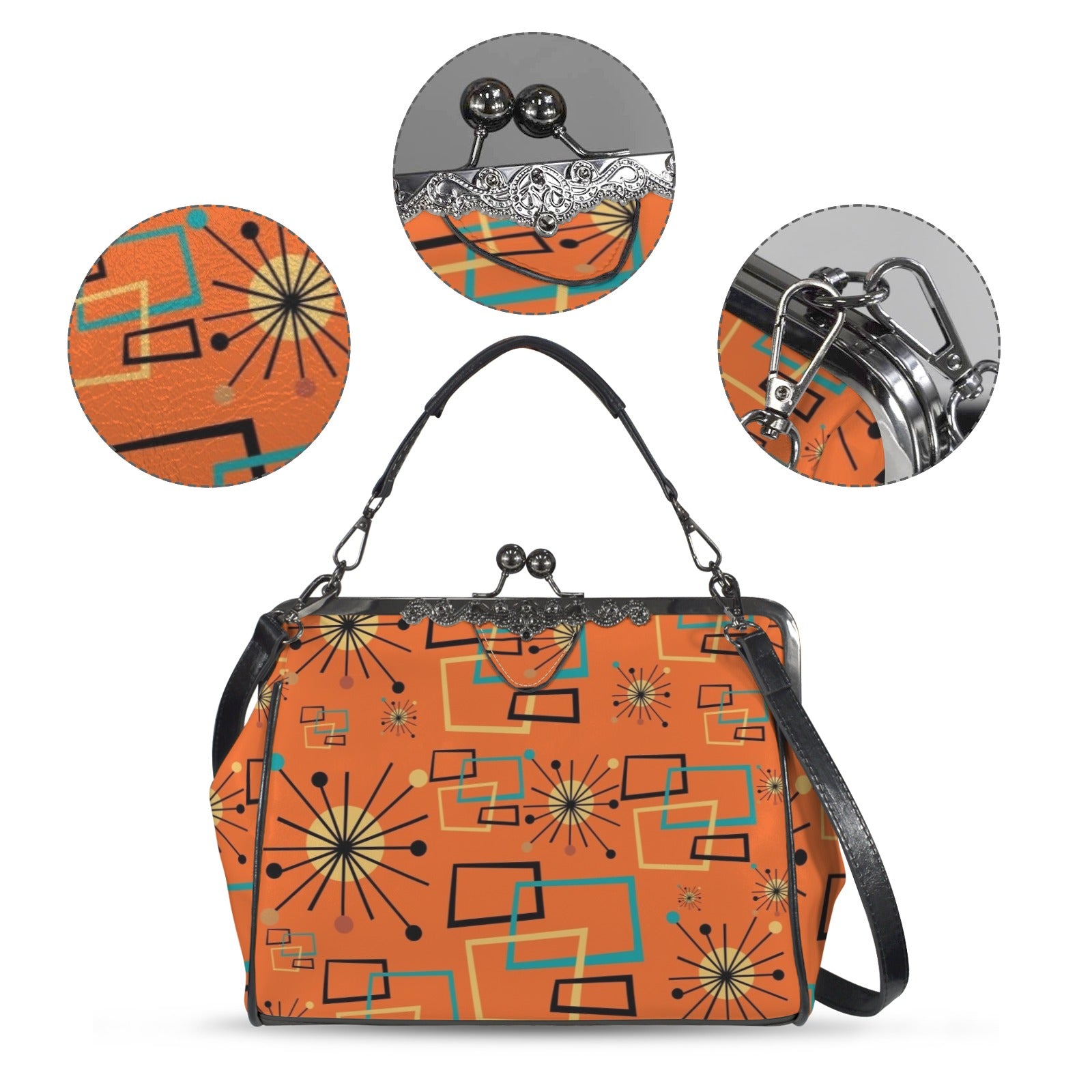 Mid Century Modern Sinatra Orange, Starburst, Geometric Funky Fun Kisslock Crossbody Purse - Mid Century Modern Gal
