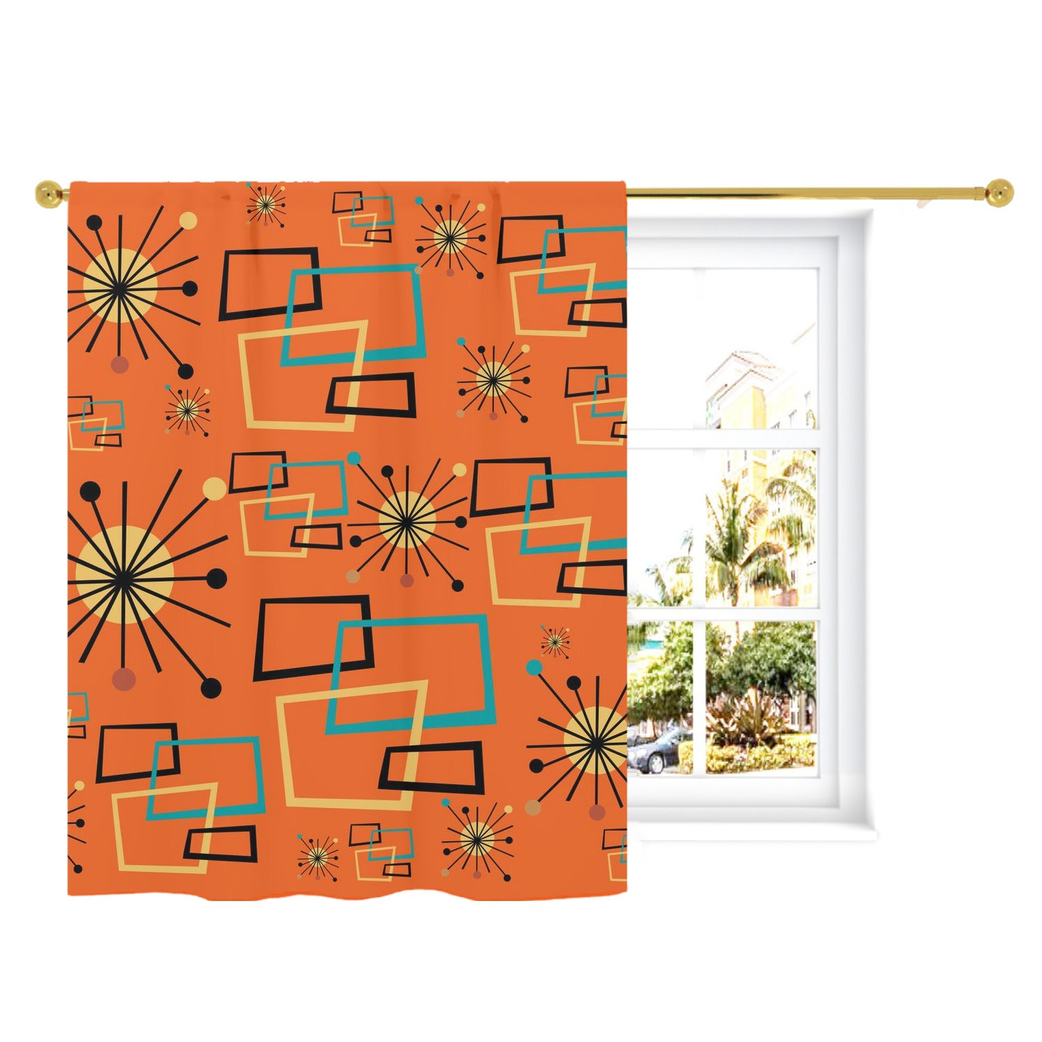 Mid Century Modern Atomic Starburst Orange Curtain, Single Panel - Mid Century Modern Gal