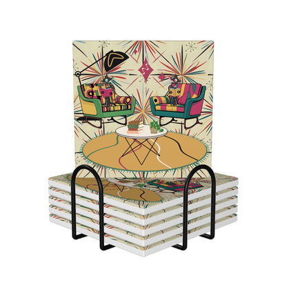 Atomic Reading Cats, Kitschy Mid Century Modern Square Ceramic Coasters 6 pcs - Mid Century Modern Gal