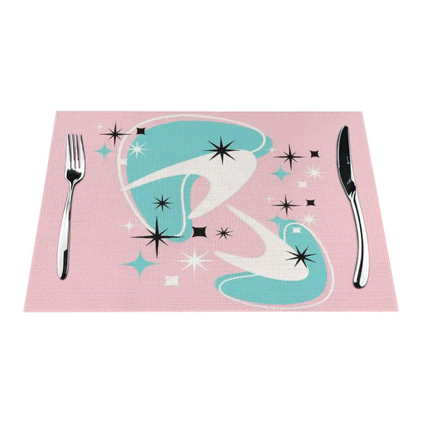 50s Pink Atomic Boomerang Aqua Blue White Mid Mod Woven Placemat