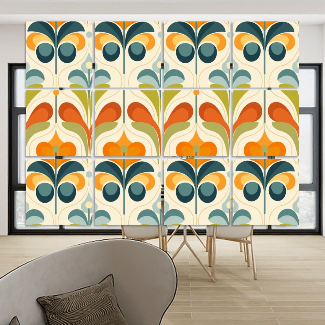 Retro Scandinavian Floral Design, Orange Blue, Green Mid Century Modern Hanging Room Divider 12 pcs