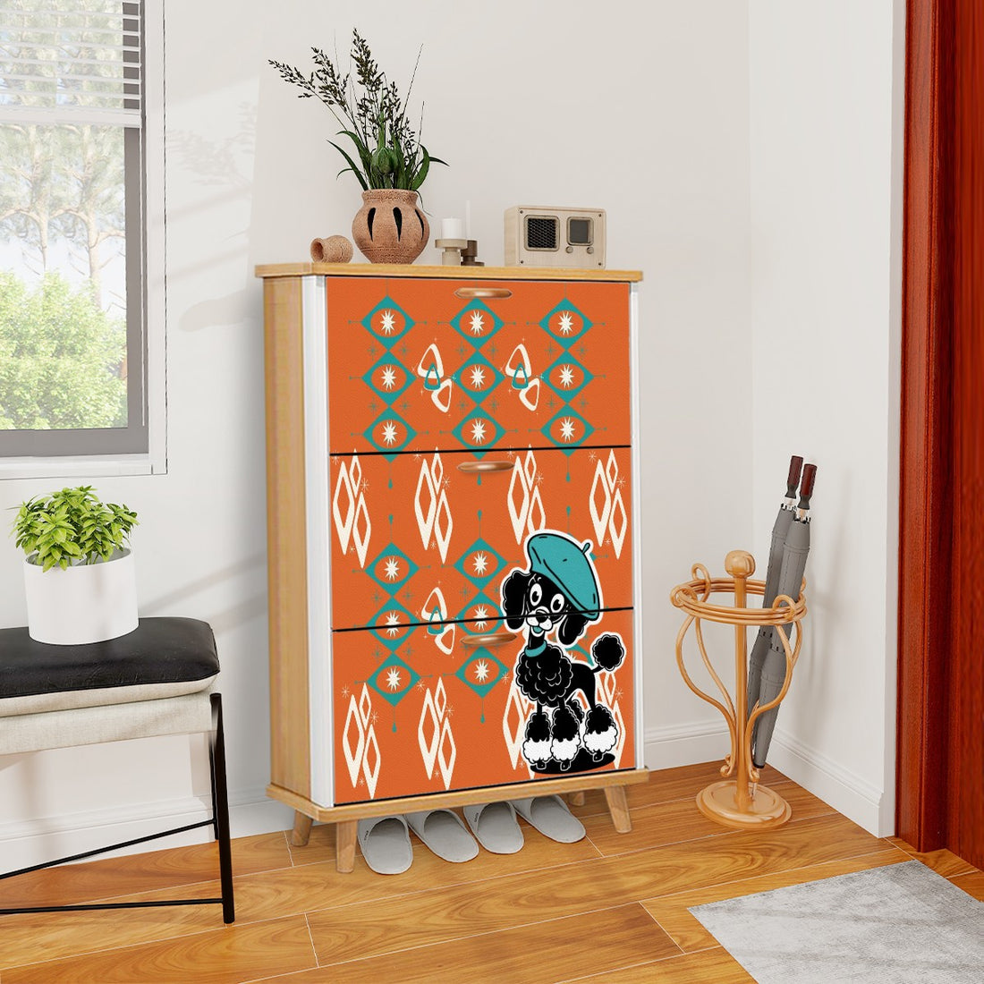 Atomic Orange Starburst Diamonds, Teal Mid Century Modern Kitschy Mod Poodle Shoe Storage Cabinet - Mid Century Modern Gal