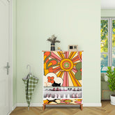 Retro Groovy 70s Sunshine Mid Mod Shoe Cabinet Adorned WIth Hippie Vibes And Atomic Cat - Mid Century Modern Gal