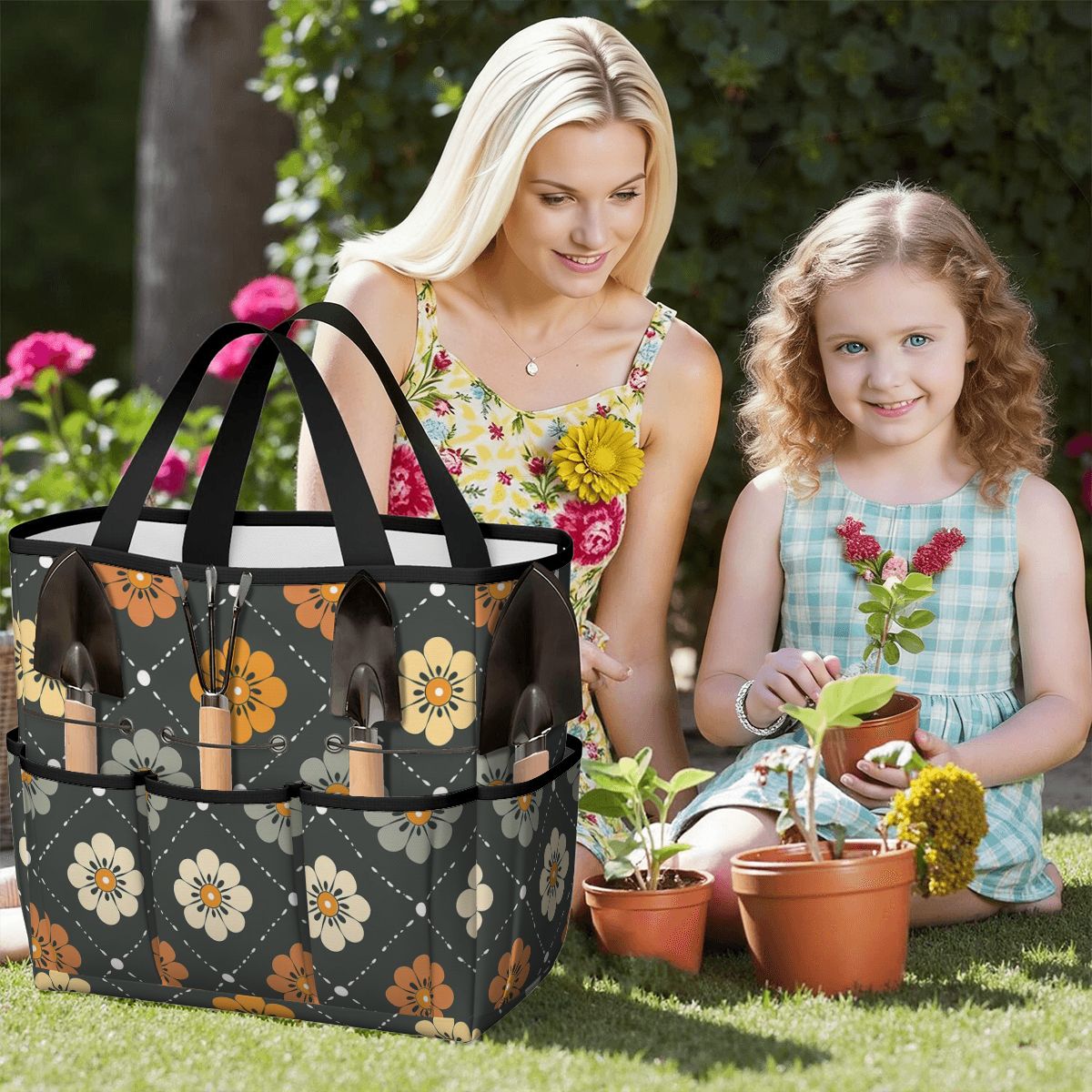 Scandinavian Floral, Mustard Yellow, Gray Mid Century Modern Garden Tool Bag - Mid Century Modern Gal