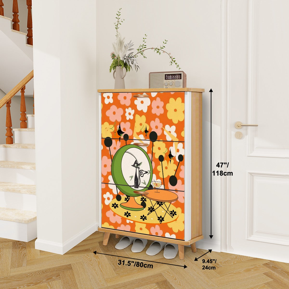 Retro Groovy Cat, Flower Power 70s Vibe, Kitschy Mid Mod Shoe Cabinet - Mid Century Modern Gal