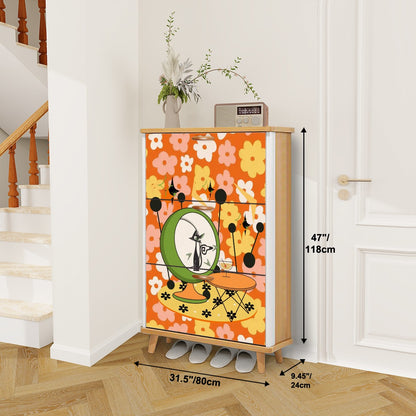 Retro Groovy Cat, Flower Power 70s Vibe, Kitschy Mid Mod Shoe Cabinet - Mid Century Modern Gal