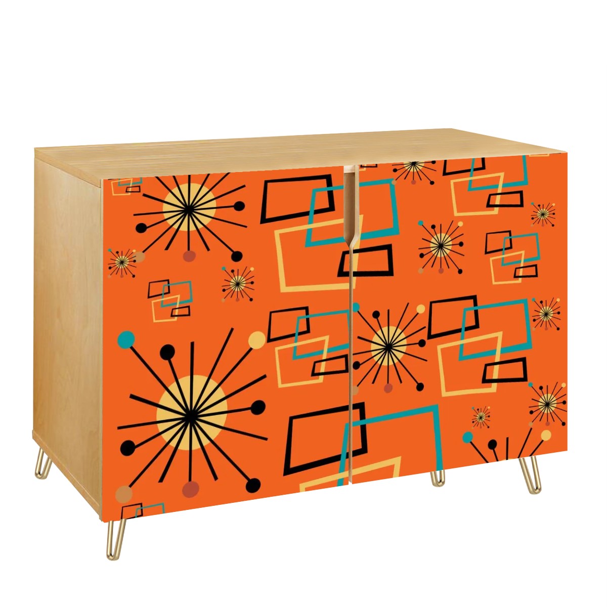 Mid Century Modern Orange Geometric Mod Retro Wooden Storage Cabinet