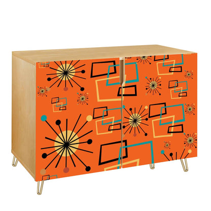 Mid Century Modern Orange Geometric Mod Retro Wooden Storage Cabinet