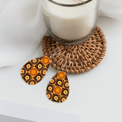 Groovy Retro Record Players, Brown Orange Yellow Vegan Leather Teardrop Earrings - Mid Century Modern Gal