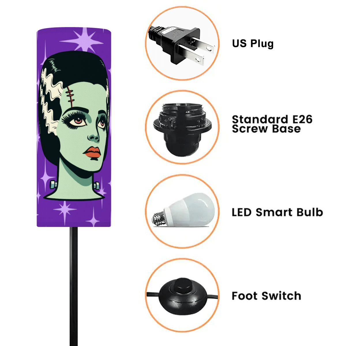 Bride of Frankenstein Retro Mid Mod Horror Buff Purple Halloween Slim Floor Lamp
