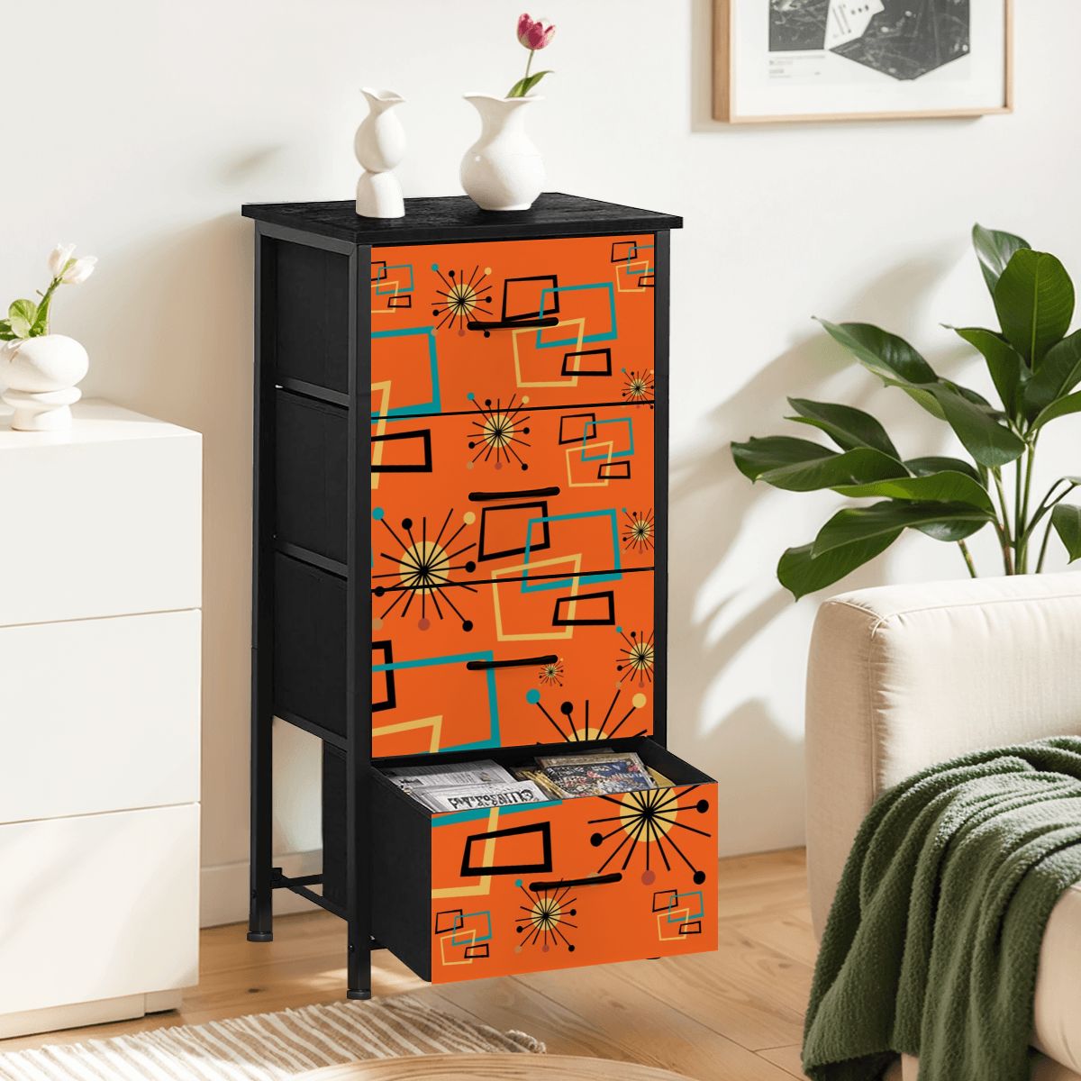 Mid Century Modern Sinatra Orange, Starburst, Geometric Funky Fun 4-Drawer Dresser - Mid Century Modern Gal