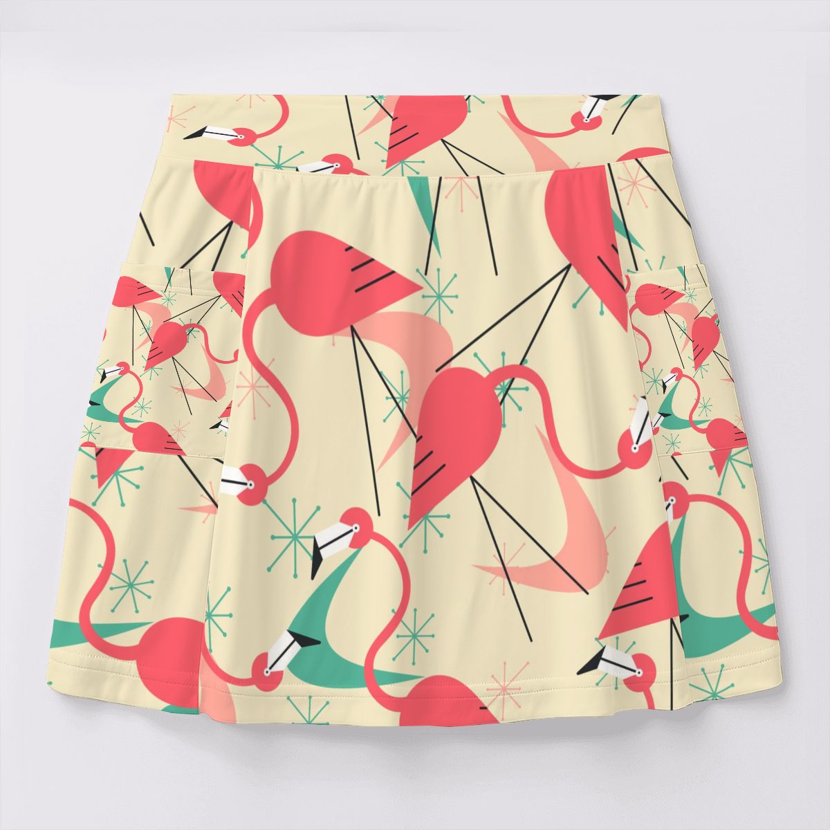 Retro Flamingo Kitschy Pink Beige Mod Women's Tennis Skort with Pockets - Mid Century Modern Gal