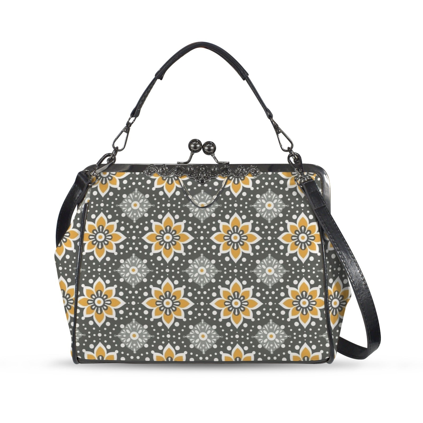 Floral Bohemian Retro Gray Yellow Modern Kisslock Crossbody Purse - Mid Century Modern Gal