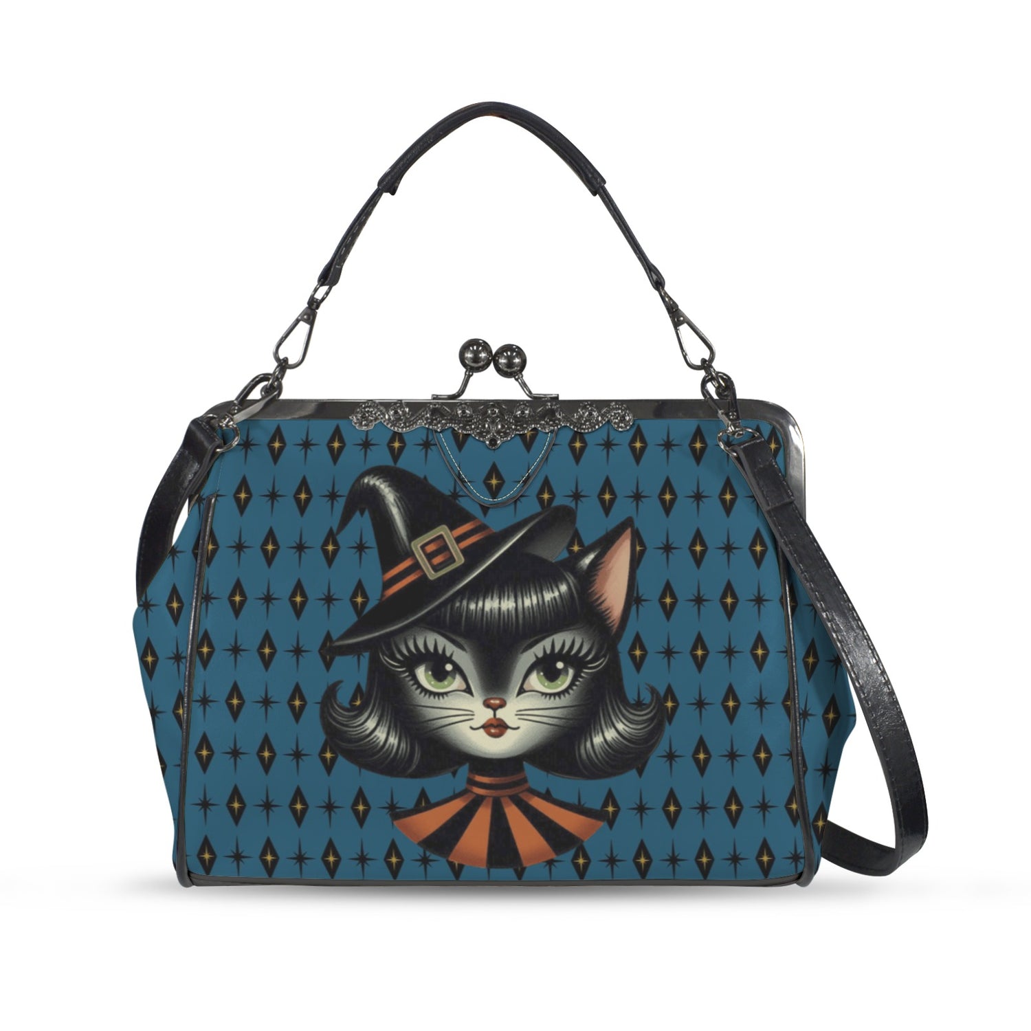 Vintage Halloween Black Cat Sexy Sexton Mid Century Modern Blue Kisslock Crossbody Purse - Mid Century Modern Gal
