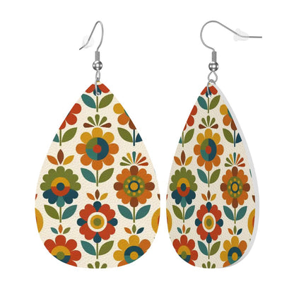 Mid Century Modern Scandinavian Floral Earth Tones  Vegan Leather Teardrop Earrings - Mid Century Modern Gal