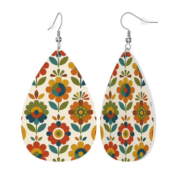 Mid Century Modern Scandinavian Floral Earth Tones  Vegan Leather Teardrop Earrings