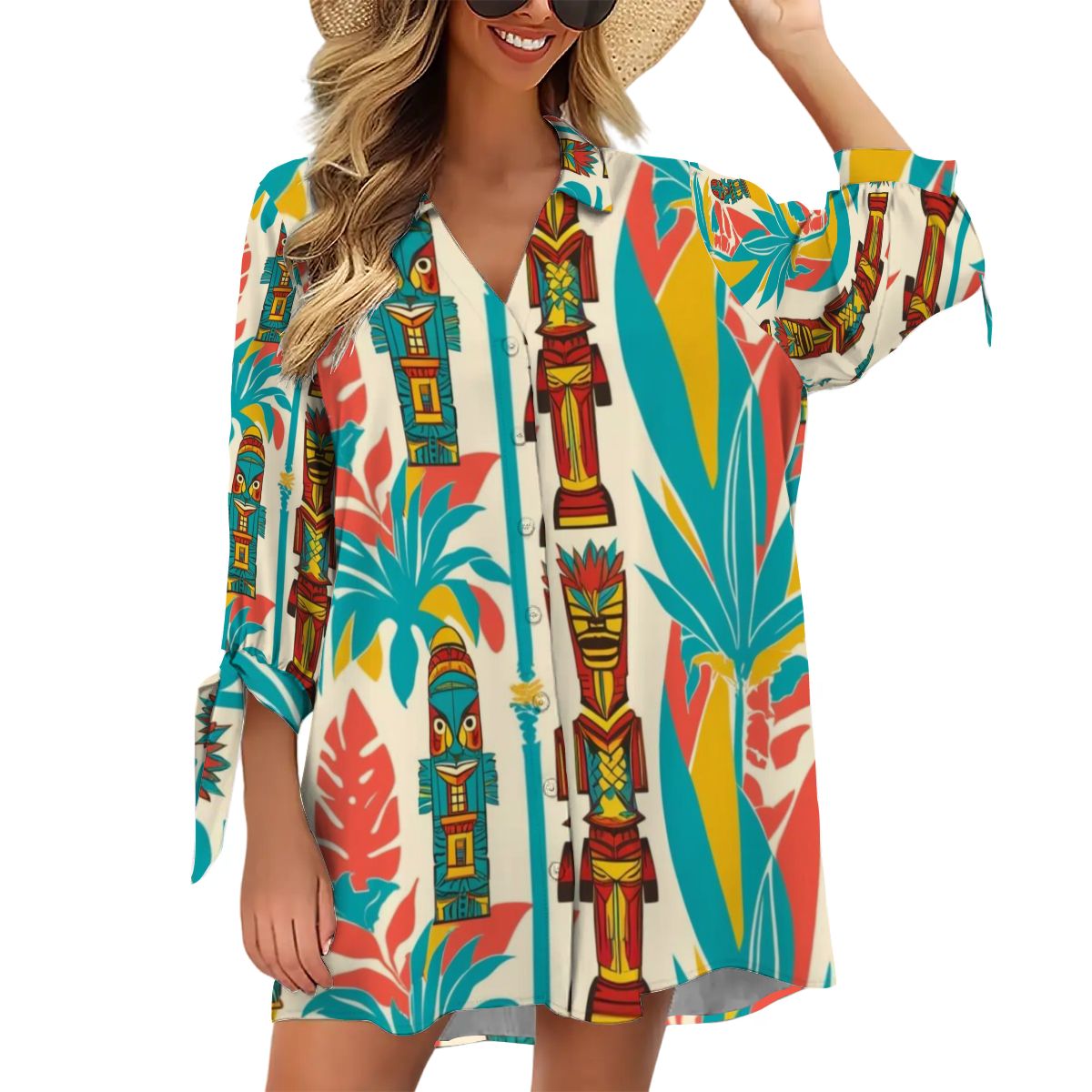 Retro Tiki Summer Mod Vibes, Coverup Blouse Women's Cardigan Shirt Three-Quarter Sleeve - Mid Century Modern Gal