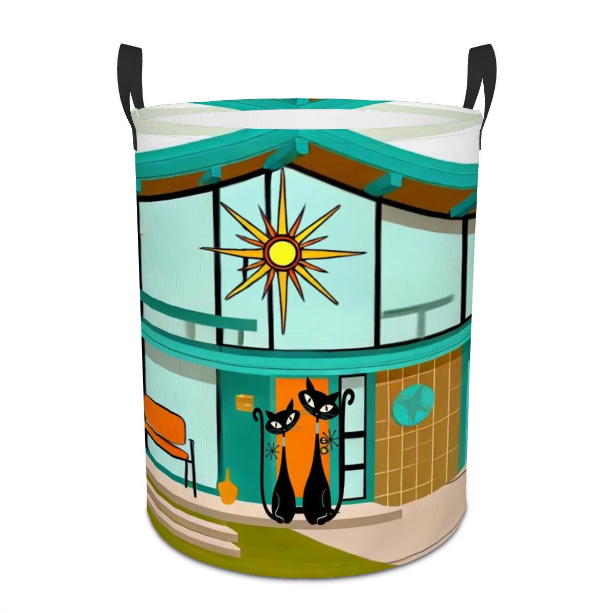 Atomic Cats, Mid Century Modern House Design Kitschy Mod Circular Laundry Basket