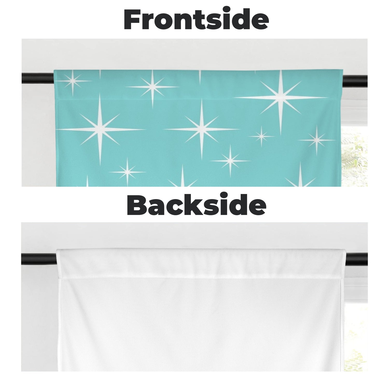 Atomic Starburst Aqua White Mid Mod Cafe Window Curtains - Mid Century Modern Gal