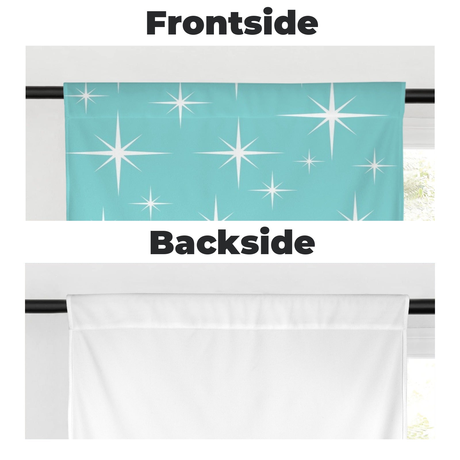 Atomic Starburst Aqua White Mid Mod Cafe Window Curtains - Mid Century Modern Gal