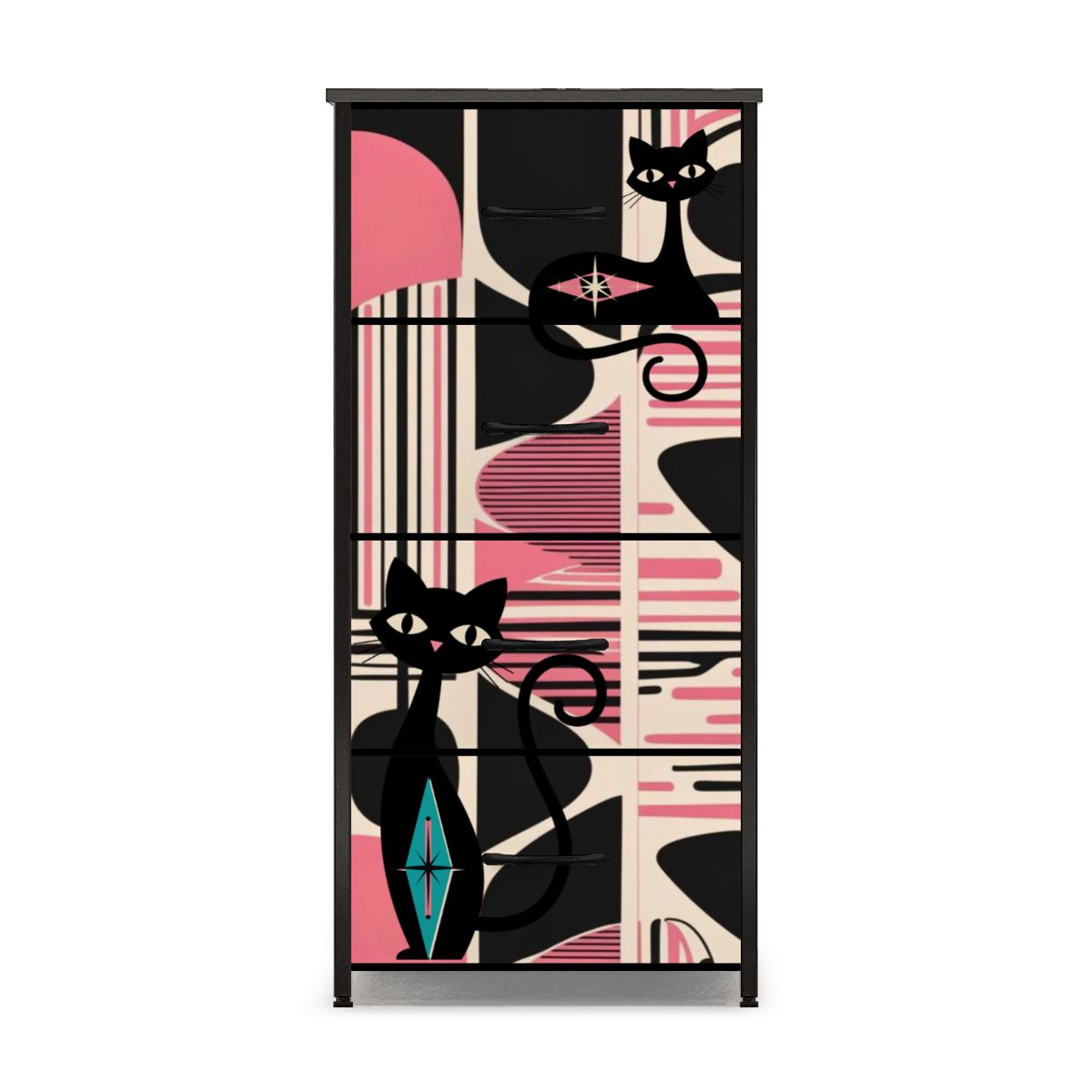 Mid Century Modern Black, Pink Atomic Cats Mid Mod 4-Drawer Dresser - Mid Century Modern Gal