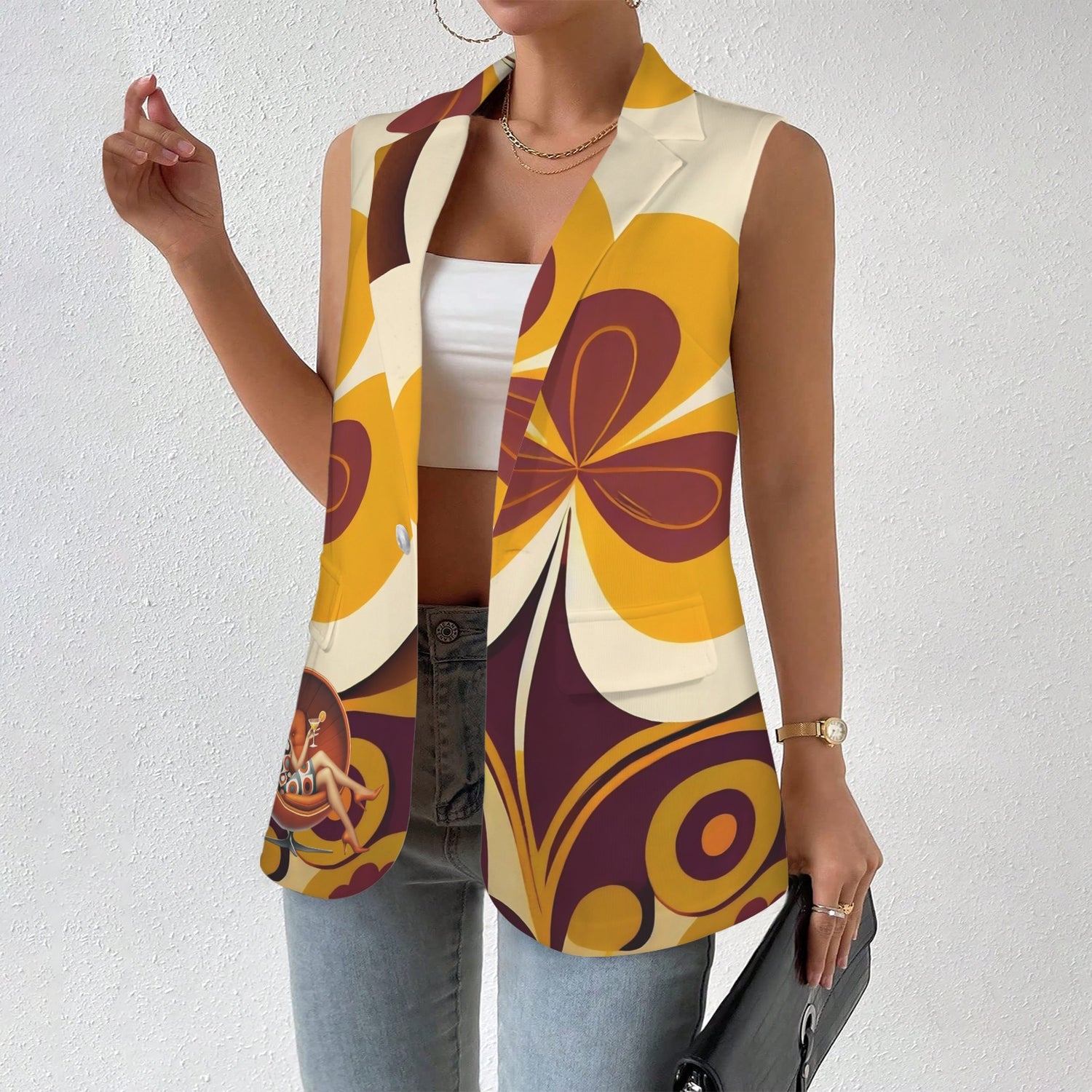 Groovy Mod Gal, 60s Flower Mid Mod Retro Women Sleeveless Suit Vest - Mid Century Modern Gal