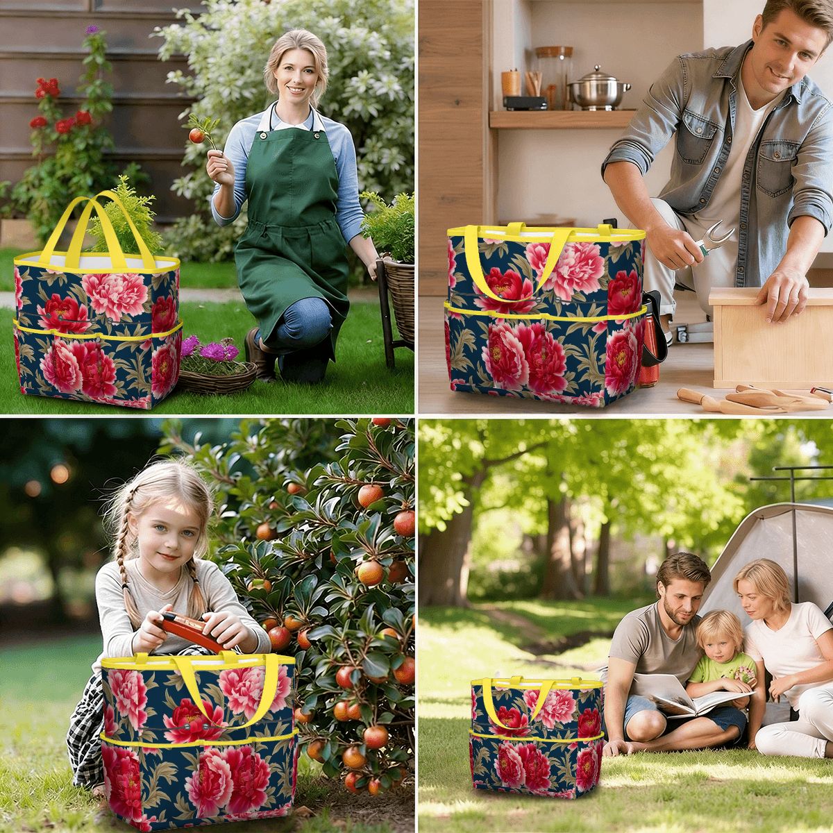 Modern Chinoiserie Royal Blue, Pink Red Floral Garden Tool Bag