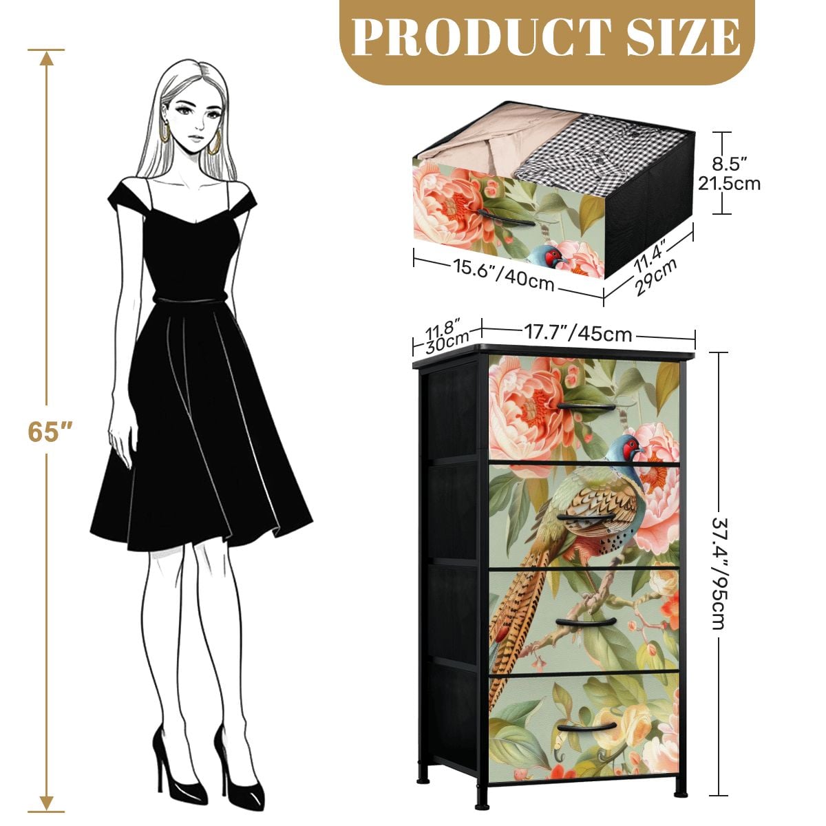 Chinoiserie Floral Pheasant Bird, Elegant Home Decor, Bohemian 4-Drawer Dresser (Made in USA) - Mid Century Modern Gal